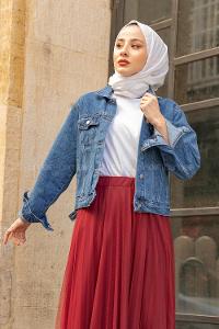 Lamelif  Önü Düğmeli Kısa Kot Ceket Mavi