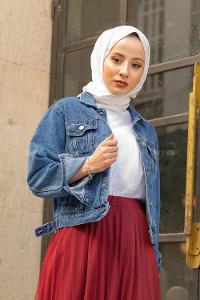 Lamelif  Önü Düğmeli Kısa Kot Ceket Mavi