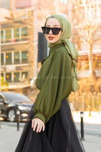 Modalamelif Yarasa Kol Gömlek Yaka Bluz Haki