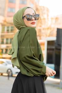 Modalamelif Yarasa Kol Gömlek Yaka Bluz Haki