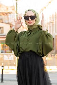 Modalamelif Yarasa Kol Gömlek Yaka Bluz Haki