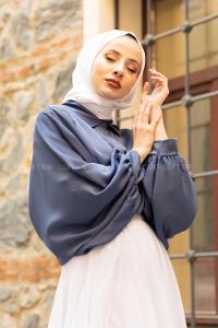 Modalamelif Yarasa Kol Gömlek Yaka Bluz İndigo