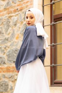 Modalamelif Yarasa Kol Gömlek Yaka Bluz İndigo