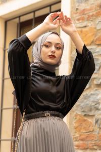 Modalamelif Yarasa Kol Gömlek Yaka Bluz Siyah