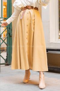 Modalamelif Boydan Düğmeli Kemerli Etek Camel