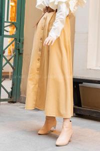 Modalamelif Boydan Düğmeli Kemerli Etek Camel