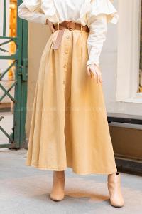 Modalamelif Boydan Düğmeli Kemerli Etek Camel