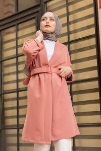 Modalamelif Çift Cepli Kemerli Kimono Gül