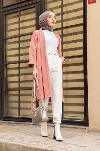 Modalamelif Çift Cepli Kemerli Kimono Gül