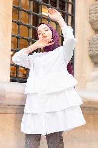 Modalamelif Önü Düğmeli Kat Kat Gömlek Beyaz