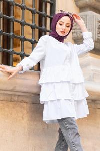 Modalamelif Önü Düğmeli Kat Kat Gömlek Beyaz