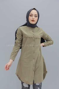 Modalamelif Eteği Saçaklı Gömlek Haki