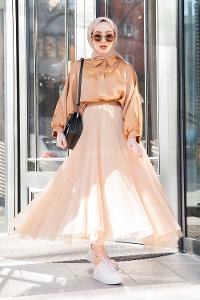 Modalamelif Beli Lastikli Tül Etek Sütlü Kahve