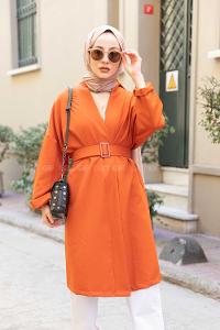 Modalamelif Çift Cepli Kemerli Kimono Kiremit