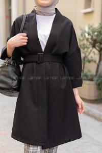 Modalamelif Çift Cepli Kemerli Kimono Siyah