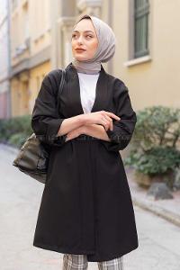 Modalamelif Çift Cepli Kemerli Kimono Siyah