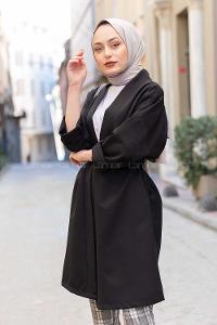 Modalamelif Çift Cepli Kemerli Kimono Siyah