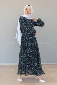 Modalamelif İçi Astarlı Çiçek Baskılı Şifon Elbise Siyah