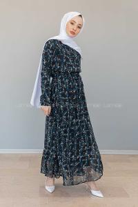 Modalamelif İçi Astarlı Çiçek Baskılı Şifon Elbise Siyah