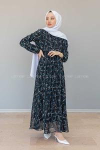 Modalamelif İçi Astarlı Çiçek Baskılı Şifon Elbise Siyah