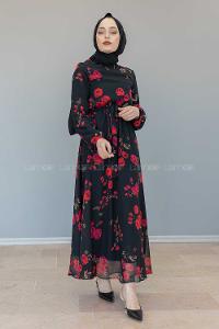 Modalamelif İçi Astarlı Gül Baskılı Şifon Elbise Siyah