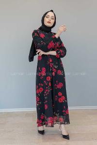 Modalamelif İçi Astarlı Gül Baskılı Şifon Elbise Siyah