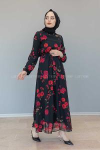 Modalamelif İçi Astarlı Gül Baskılı Şifon Elbise Siyah