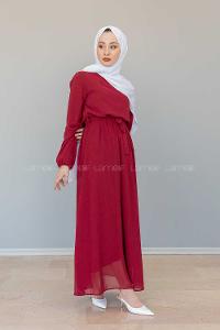 Modalamelif İçi Astarlı Kemer Detaylı Şifon Elbise Bordo
