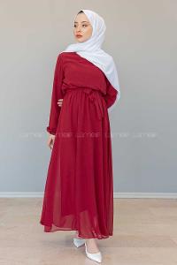 Modalamelif İçi Astarlı Kemer Detaylı Şifon Elbise Bordo