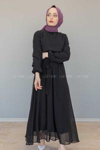 Modalamelif İçi Astarlı Kemer Detaylı Şifon Elbise Siyah