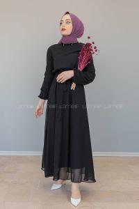 Modalamelif İçi Astarlı Kemer Detaylı Şifon Elbise Siyah