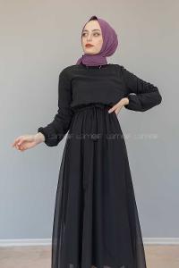 Modalamelif İçi Astarlı Kemer Detaylı Şifon Elbise Siyah