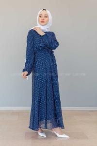 Modalamelif İçi Astarlı Mini Puanlı  Şifon Elbise Lacivert
