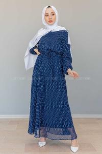 Modalamelif İçi Astarlı Mini Puanlı  Şifon Elbise Lacivert