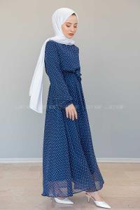Modalamelif İçi Astarlı Mini Puanlı  Şifon Elbise Lacivert