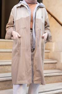 Modalamelif Kapşonlu Garnili Trenç Vizonrengi