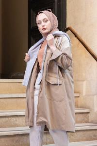 Modalamelif Kapşonlu Garnili Trenç Vizonrengi