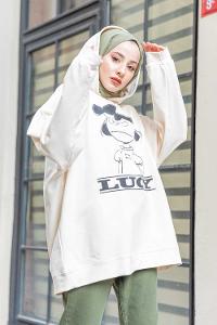 Modalamelif Karikatür Baskılı Kapşonlu Sweat Krem