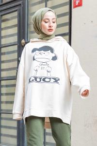 Modalamelif Karikatür Baskılı Kapşonlu Sweat Krem