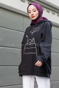 Modalamelif Karikatür Baskılı Kapşonlu Sweat Siyah