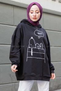 Modalamelif Karikatür Baskılı Kapşonlu Sweat Siyah