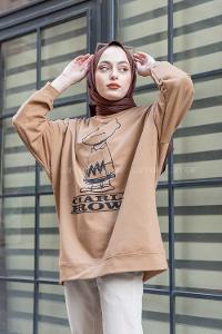 Modalamelif Karikatür Baskılı Kapşonlu Sweat Sütlü Kahve