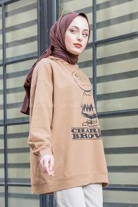 Modalamelif Karikatür Baskılı Kapşonlu Sweat Sütlü Kahve