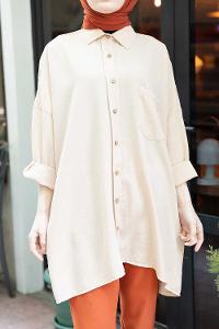 Modalamelif Önü Düğmeli Gizli Cep Detaylı Gömlek Bej