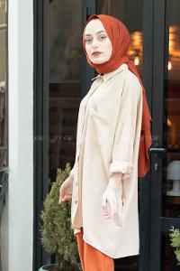 Modalamelif Önü Düğmeli Gizli Cep Detaylı Gömlek Bej