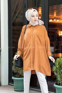 Modalamelif Önü Düğmeli Gizli Cep Detaylı Gömlek Taba