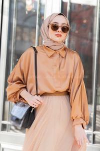 Modalamelif Yarasa Kol Gömlek Yaka Bluz  Somon