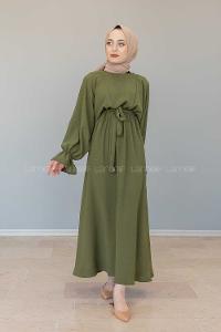 Modalamelif Yarasa Kol Kemer Detaylı  Elbise Haki