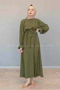 Modalamelif Yarasa Kol Kemer Detaylı  Elbise Haki