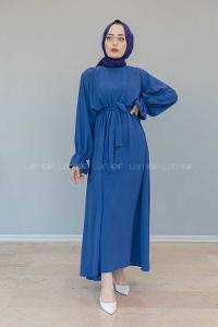 Modalamelif Yarasa Kol Kemer Detaylı  Elbise İndigo